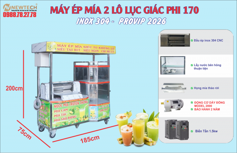 Máy ép mía 2 lô lục giác phi 170
